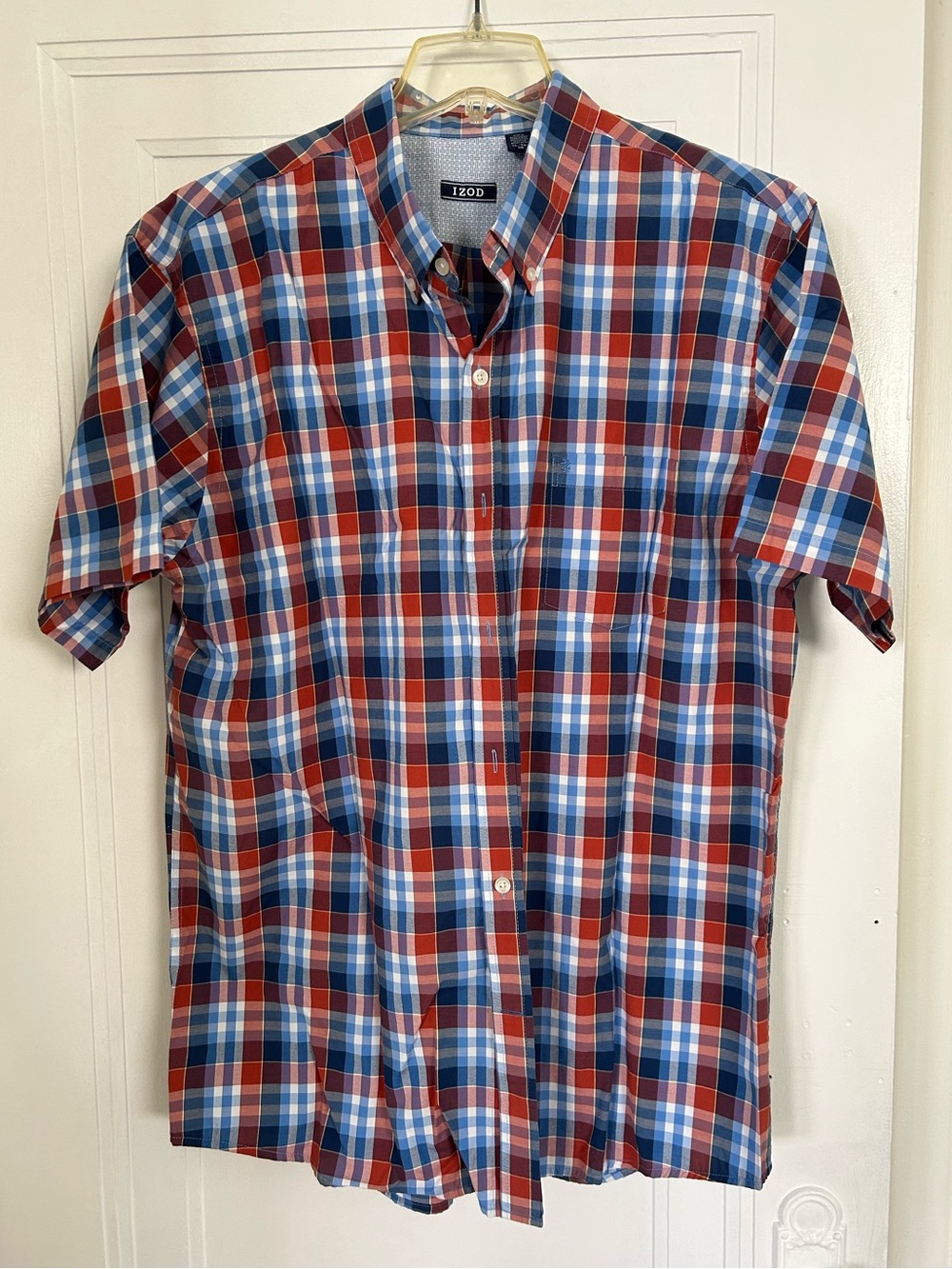 Izod Men’s XL Shirt Short Sleeve Plaid Checked Button Down Collar Red White Blue